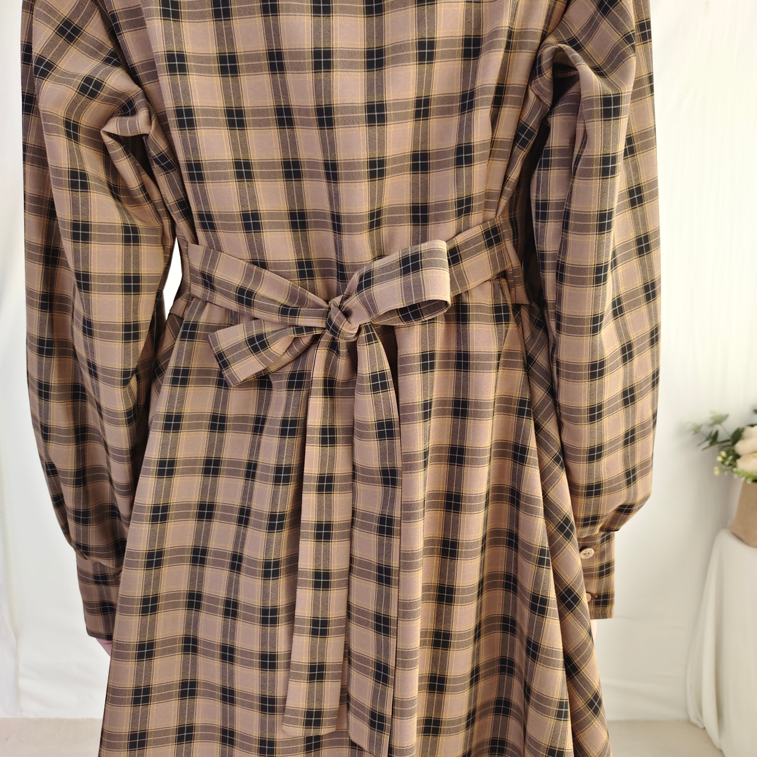 Vintage Plaid Long Sleeve Dress with Peter Pan Collar Ruffle Trim Midi Cottagecore Dress